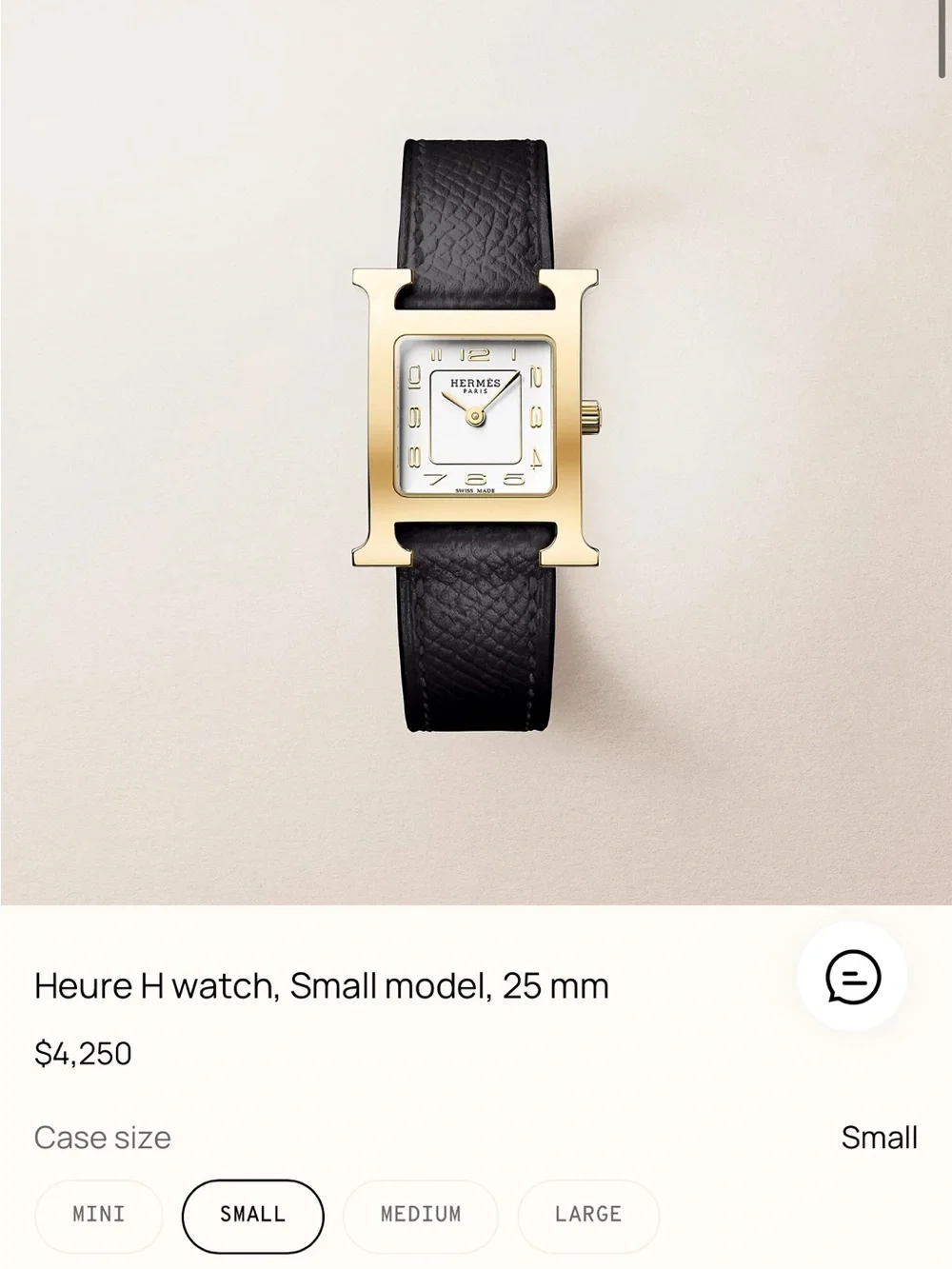 Hermès Huere H, Small Model, Gold Watch with Black Leather Strap